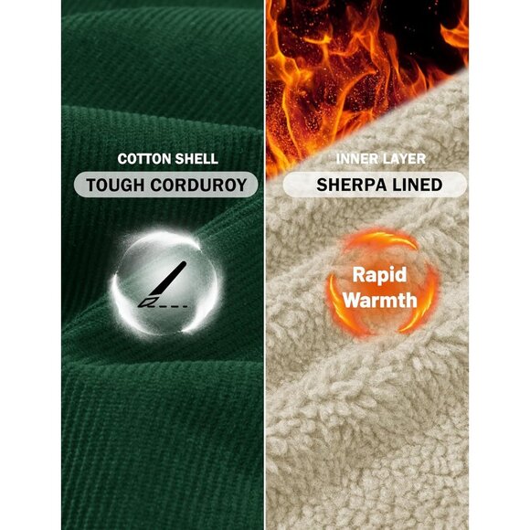 Mens Emerald Green Corduroy Jacket Sherpa Lined Warm Winter Trucker Cargo Coat - Picture 5 of 7